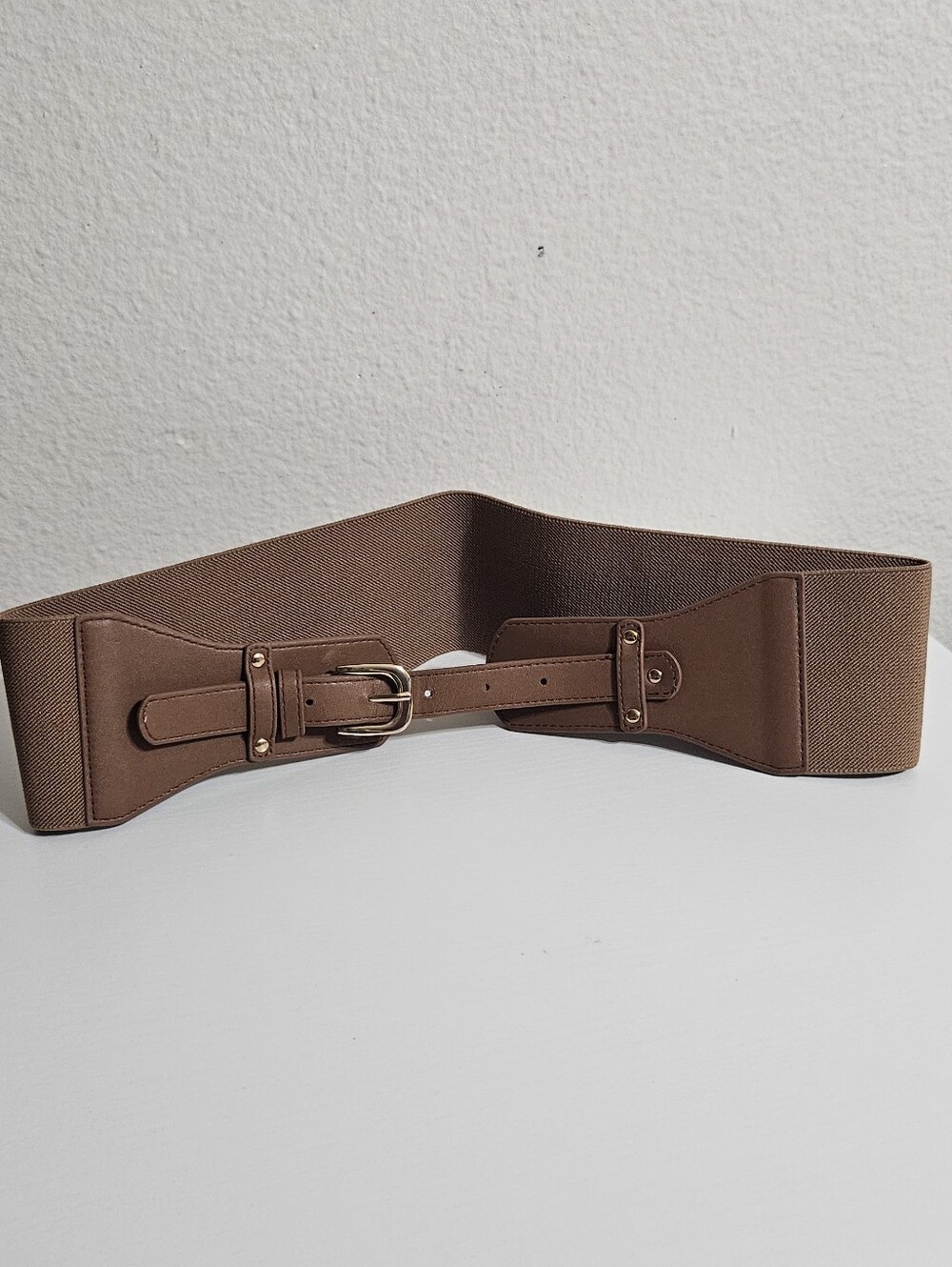 Wide Brown Elastic Waist Belt with Leather Trim